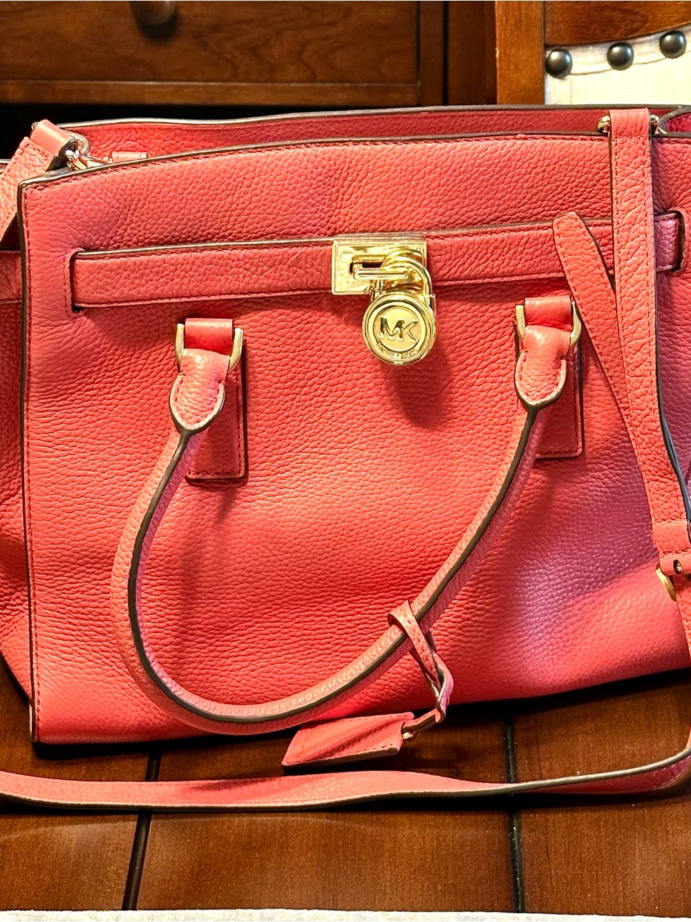 Michael Kors Coral Pebbled Leather Satchel with Gold Lock & Matching Wristlet